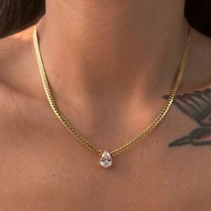 18k Gold Plated Faux Diamond Teardrop Pendant Chain Necklace